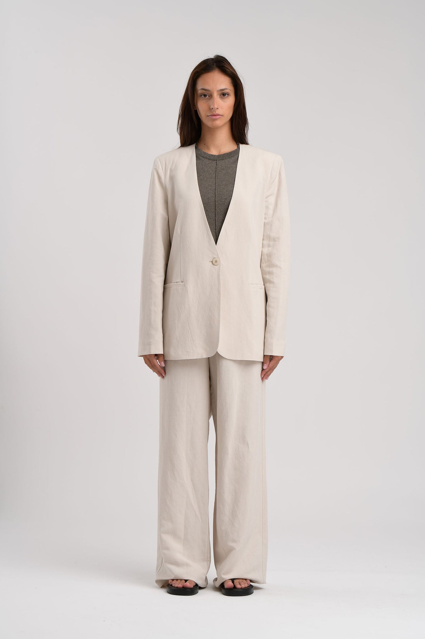 Humility Ladies Padded Shoulder Jatza Beige Collarless Jacket