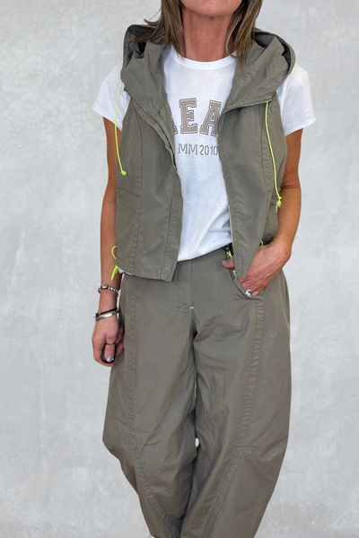 Lurdes Bergada Ladies Patch Pockets Along Front Hem Toasted Hooded Waistcoat