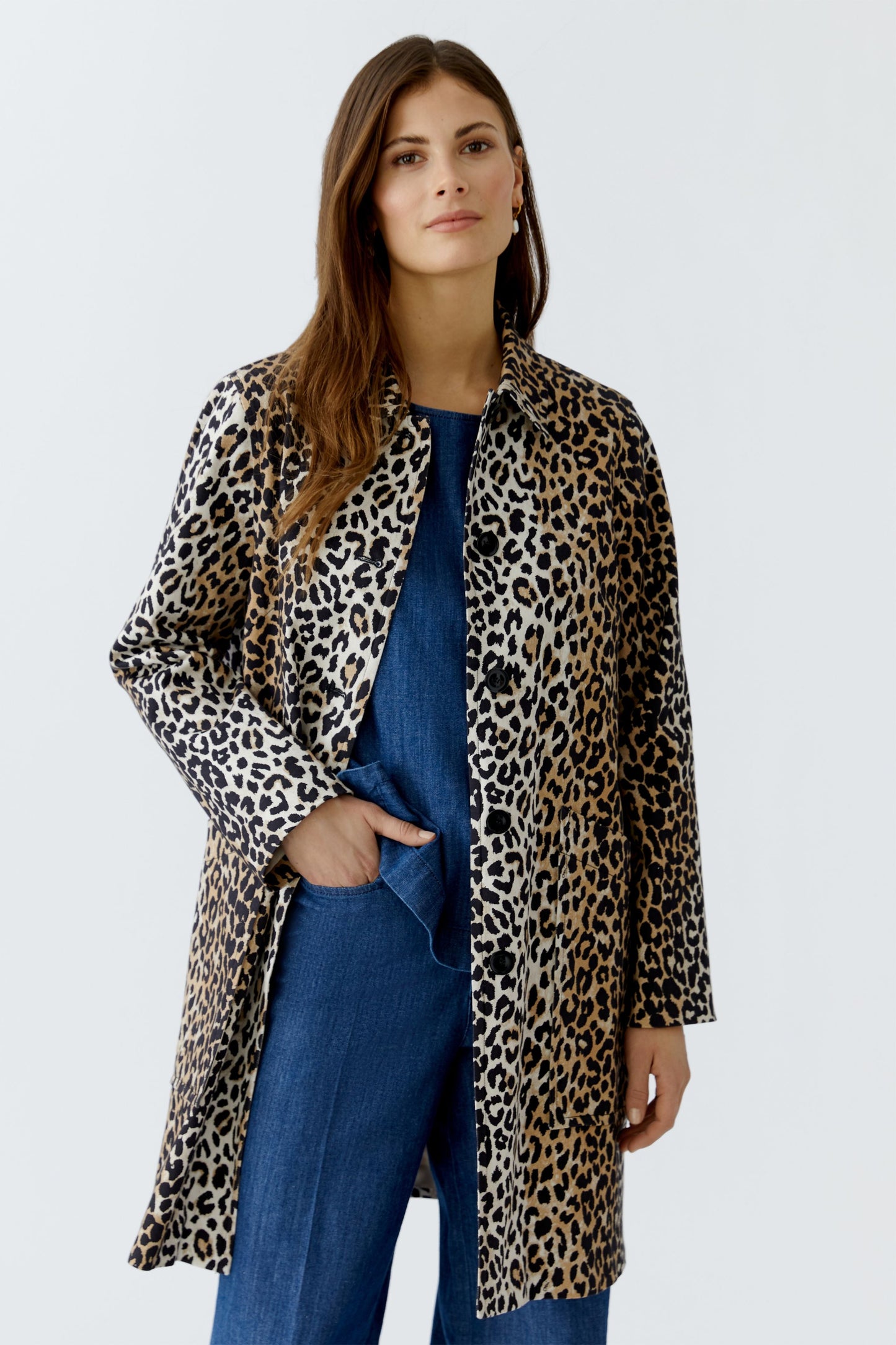 Oui Ladies Pure Cotton with a Satin Finish Camel/Black Leo Short Coat