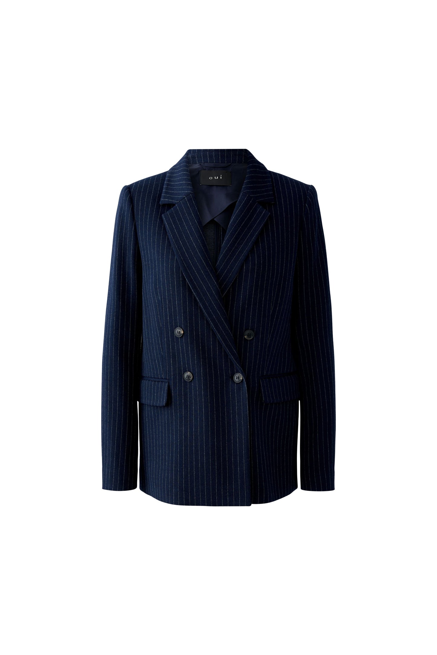 Oui Ladies Flap Pockets Dark Blue/Camel Pinstripe Blazer