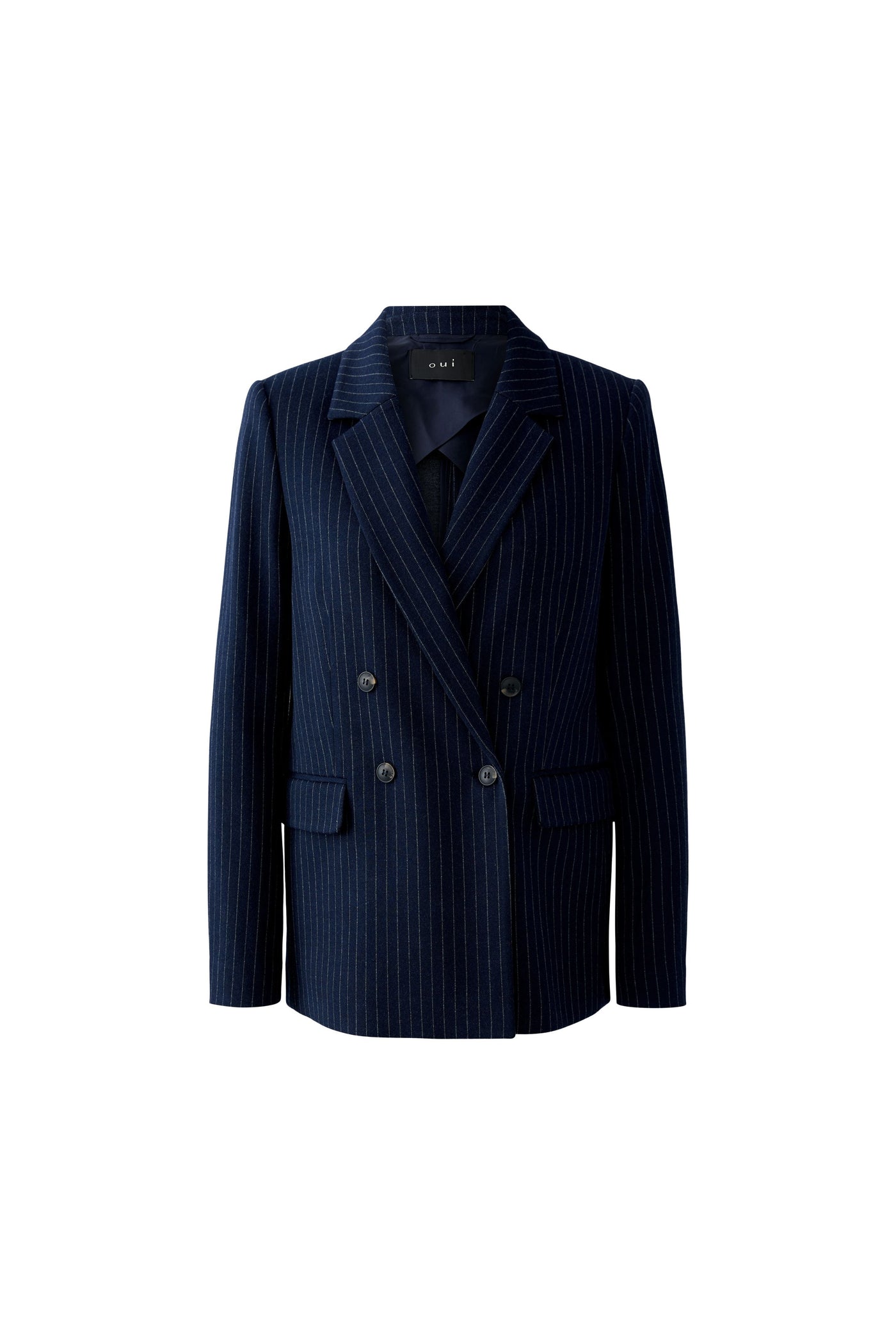 Oui Ladies Flap Pockets Dark Blue/Camel Pinstripe Blazer