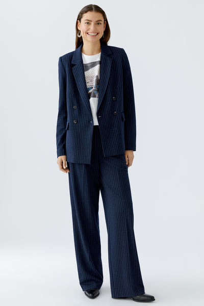 Oui Ladies Flap Pockets Dark Blue/Camel Pinstripe Blazer