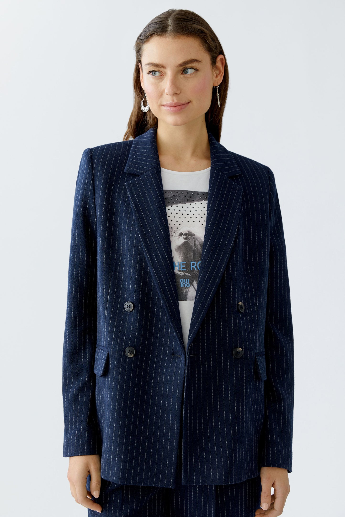 Oui Ladies Flap Pockets Dark Blue/Camel Pinstripe Blazer
