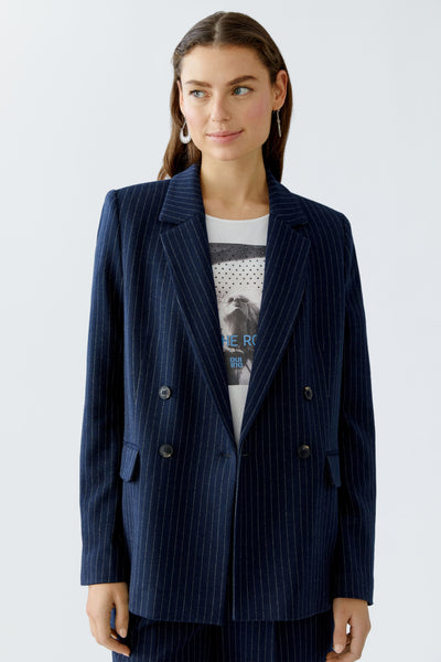 Oui Ladies Flap Pockets Dark Blue/Camel Pinstripe Blazer