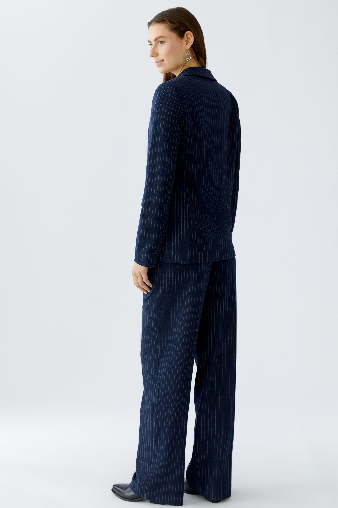 Oui Ladies Flap Pockets Dark Blue/Camel Pinstripe Blazer