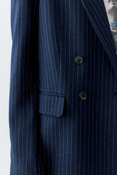 Oui Ladies Flap Pockets Dark Blue/Camel Pinstripe Blazer