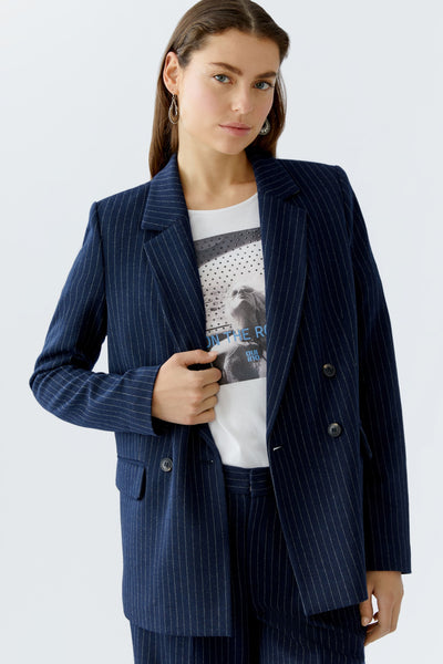 Oui Ladies Flap Pockets Dark Blue/Camel Pinstripe Blazer