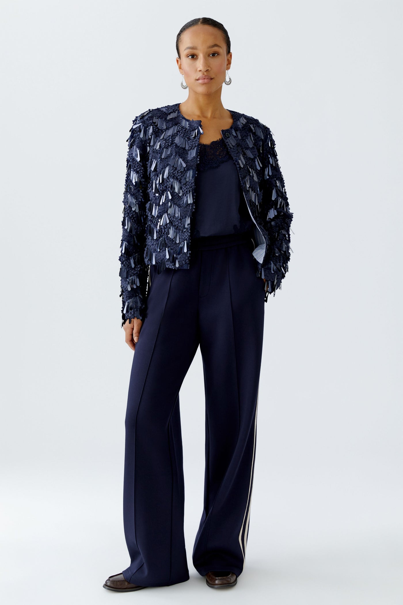 Oui Ladies Straight Cut Dark Blue Sequin Jacket