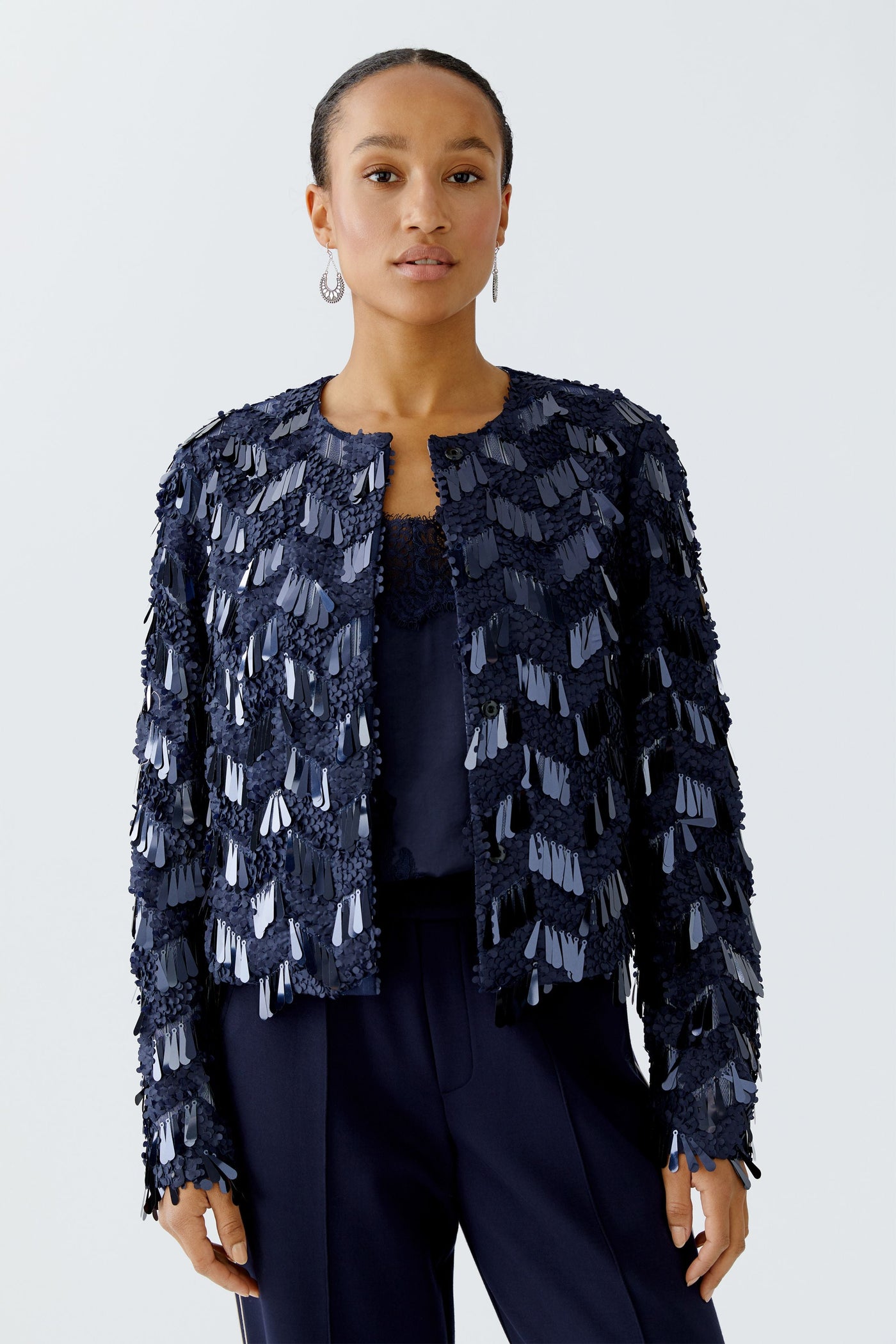 Oui Ladies Straight Cut Dark Blue Sequin Jacket