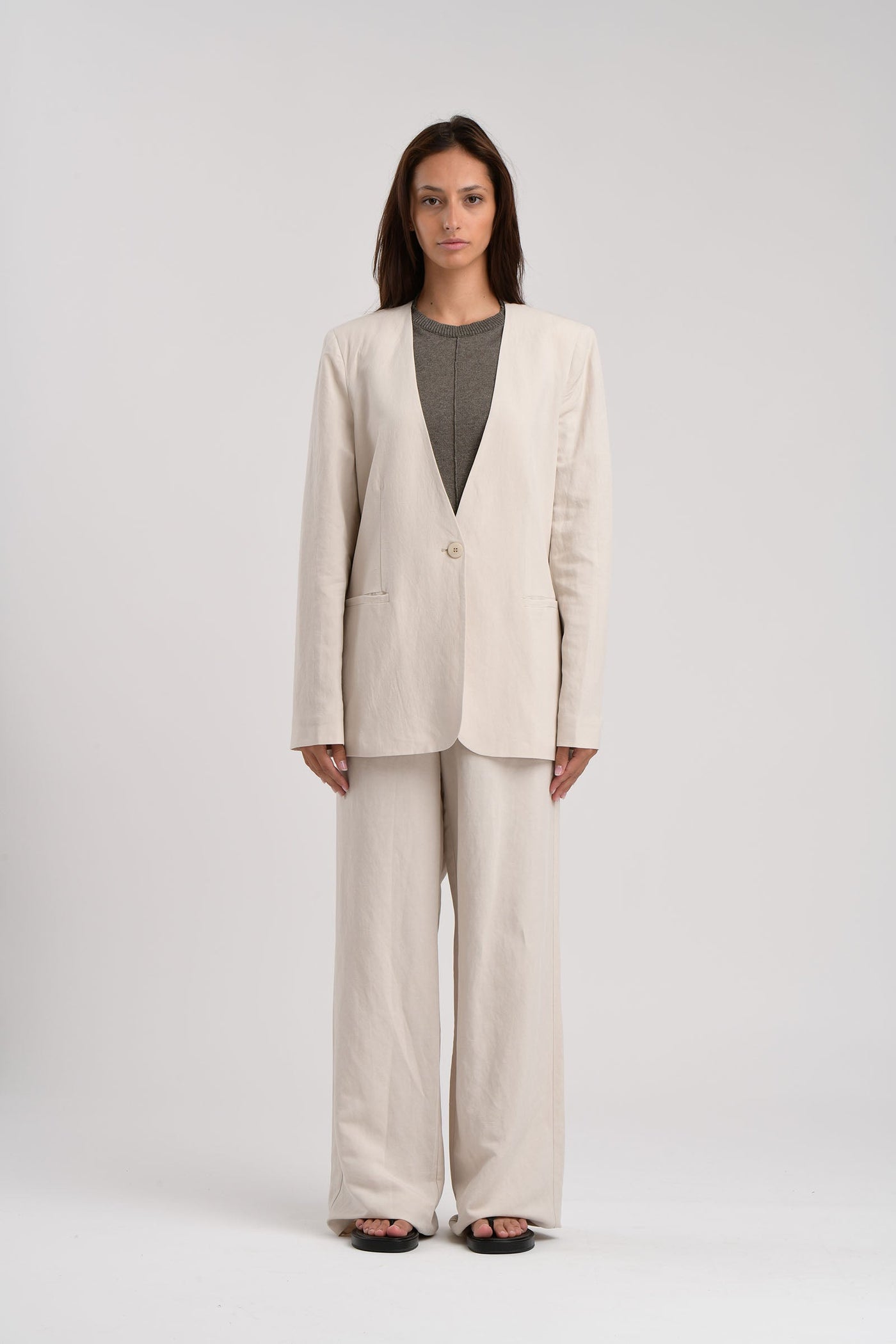 Humility Ladies Padded Shoulder Jatza Beige Collarless Jacket