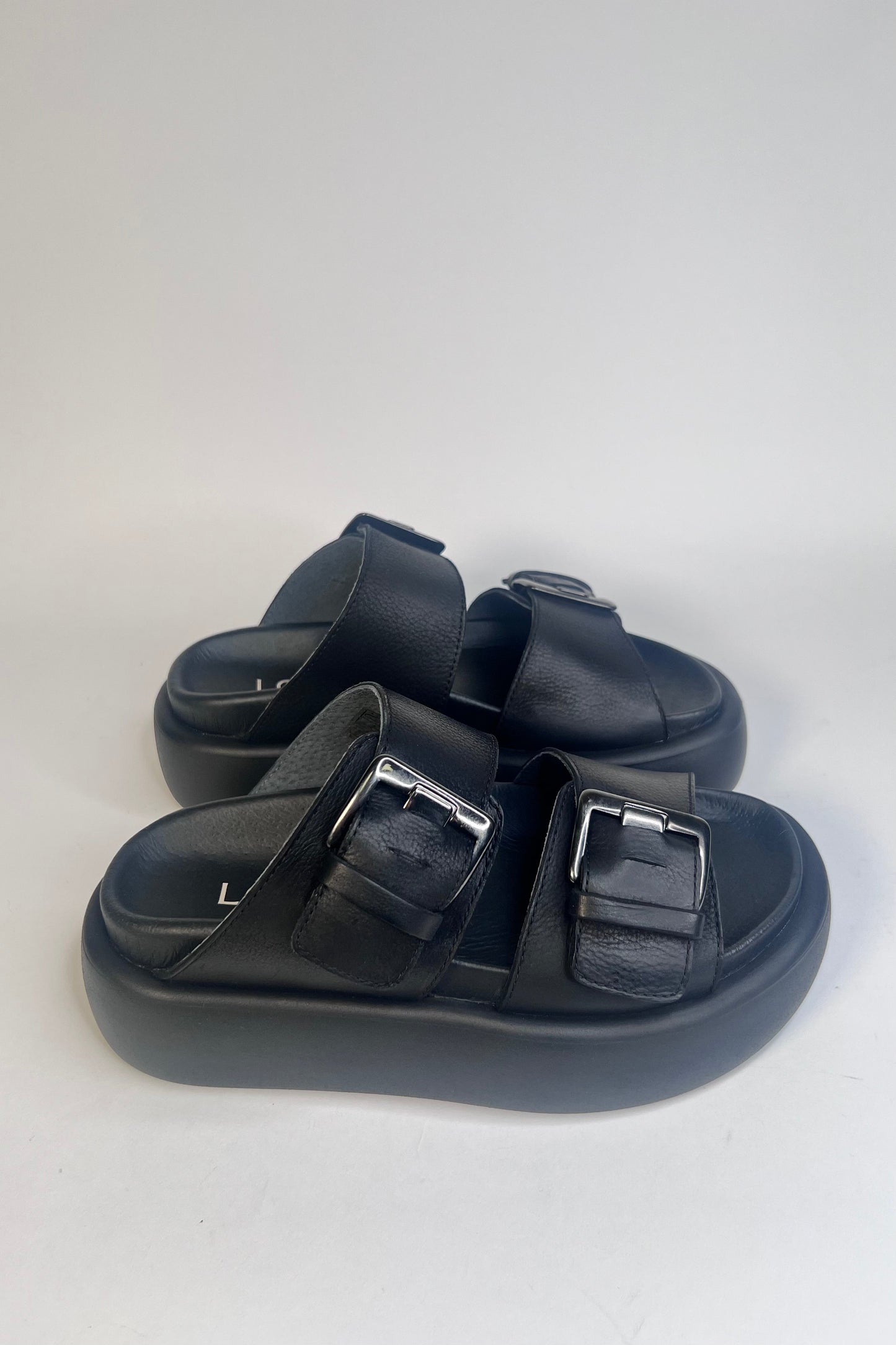 Lofina Ladies Two Adjustable Straps Gasoline Nero Buckle Sandals