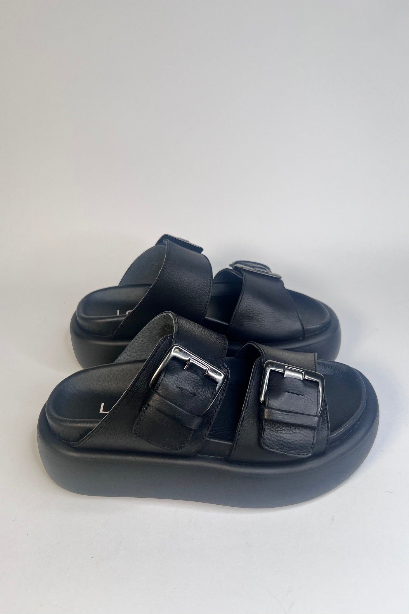 Lofina Ladies Two Adjustable Straps Gasoline Nero Buckle Sandals