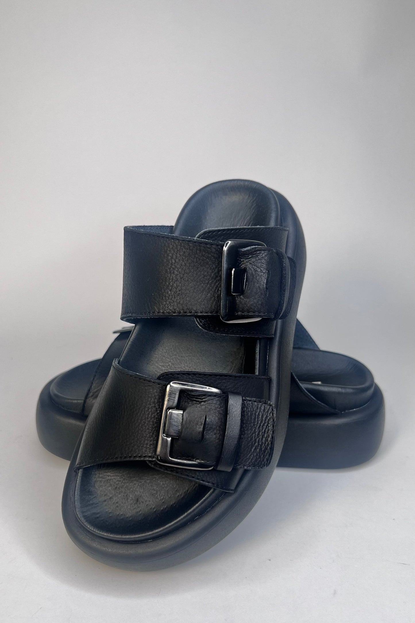 Lofina Ladies Two Adjustable Straps Gasoline Nero Buckle Sandals