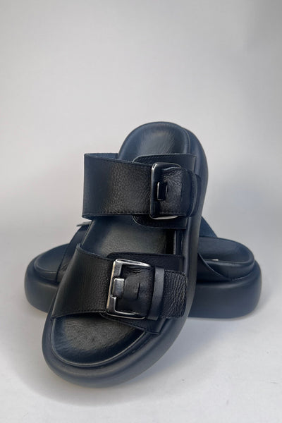 Lofina Ladies Two Adjustable Straps Gasoline Nero Buckle Sandals
