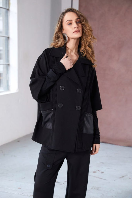 Naya Ladies Vertical Ribbed Knit Panels Black Double Breasted Knit Panel Jacket
