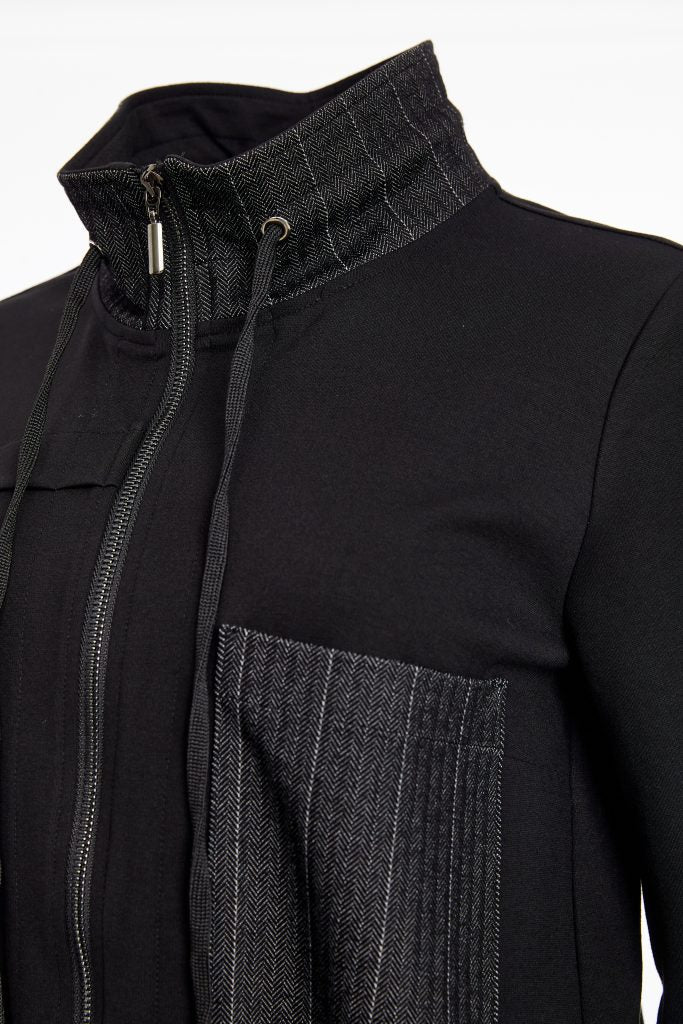 Naya Ladies Black/White Pinstripe Pocket Short High Neck Zip Jacket