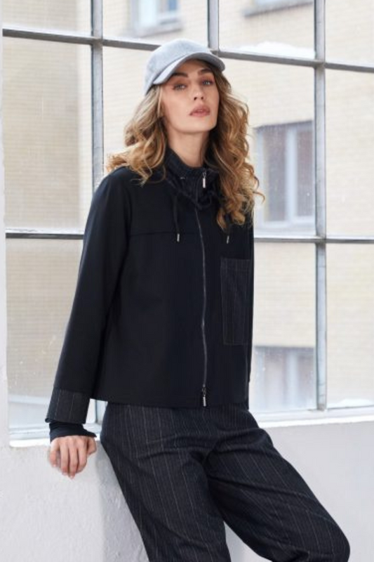 Naya Ladies Black/White Pinstripe Pocket Short High Neck Zip Jacket